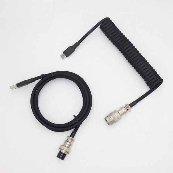 Custom Coiled USB-C Keyboard Cable with Silver GX16 Aviator Connector (BLACK) - Picture 1 of 1